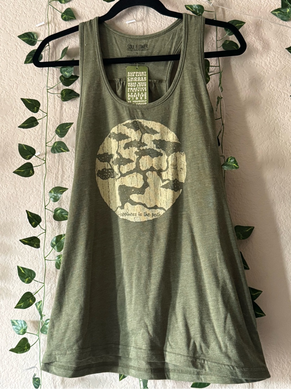 Soul Flower Olive Green Graphic Tank with Distressed Tree of Life Print